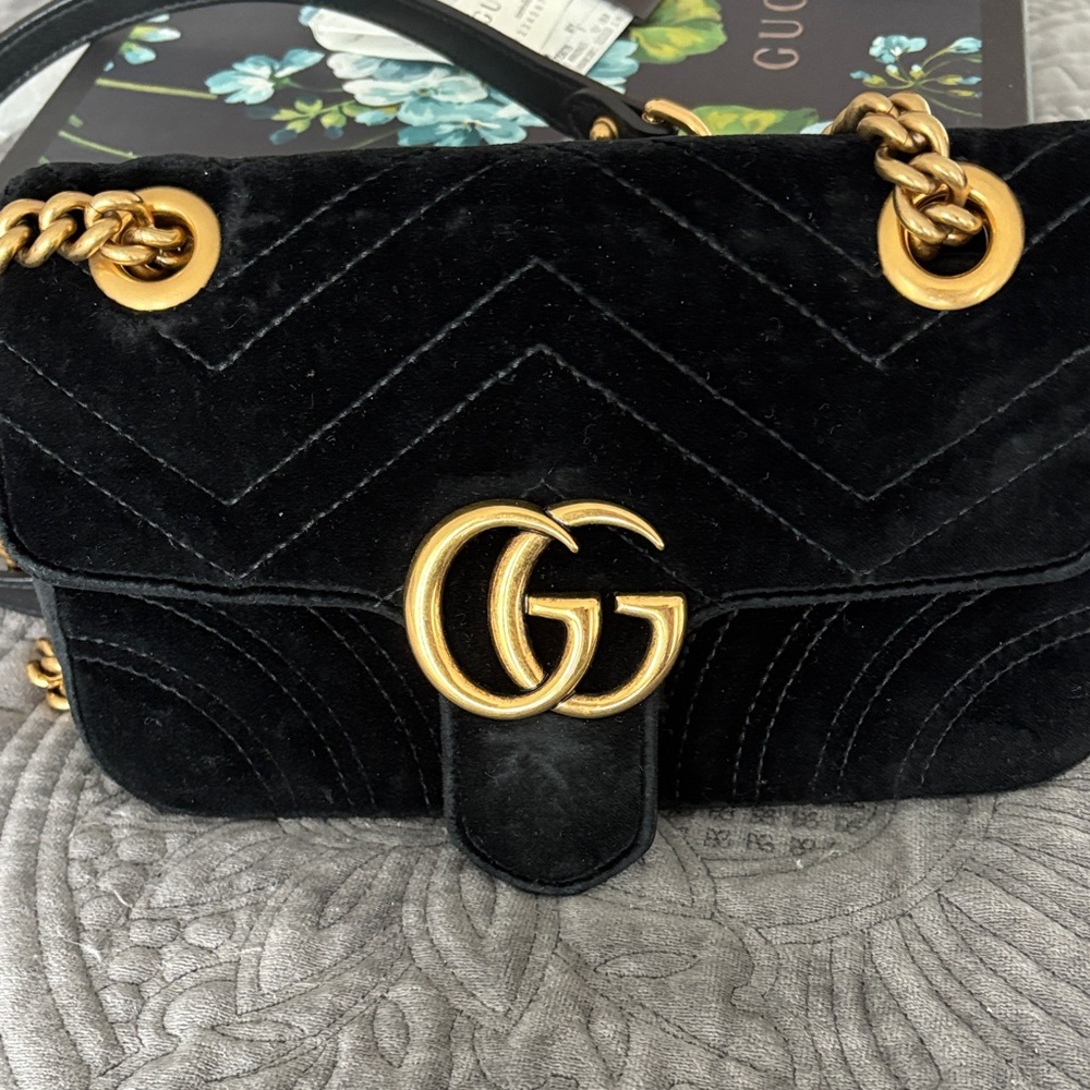 Authentic Gucci Black Velvet Marmont GG Crossbody Bag w Gold Accents